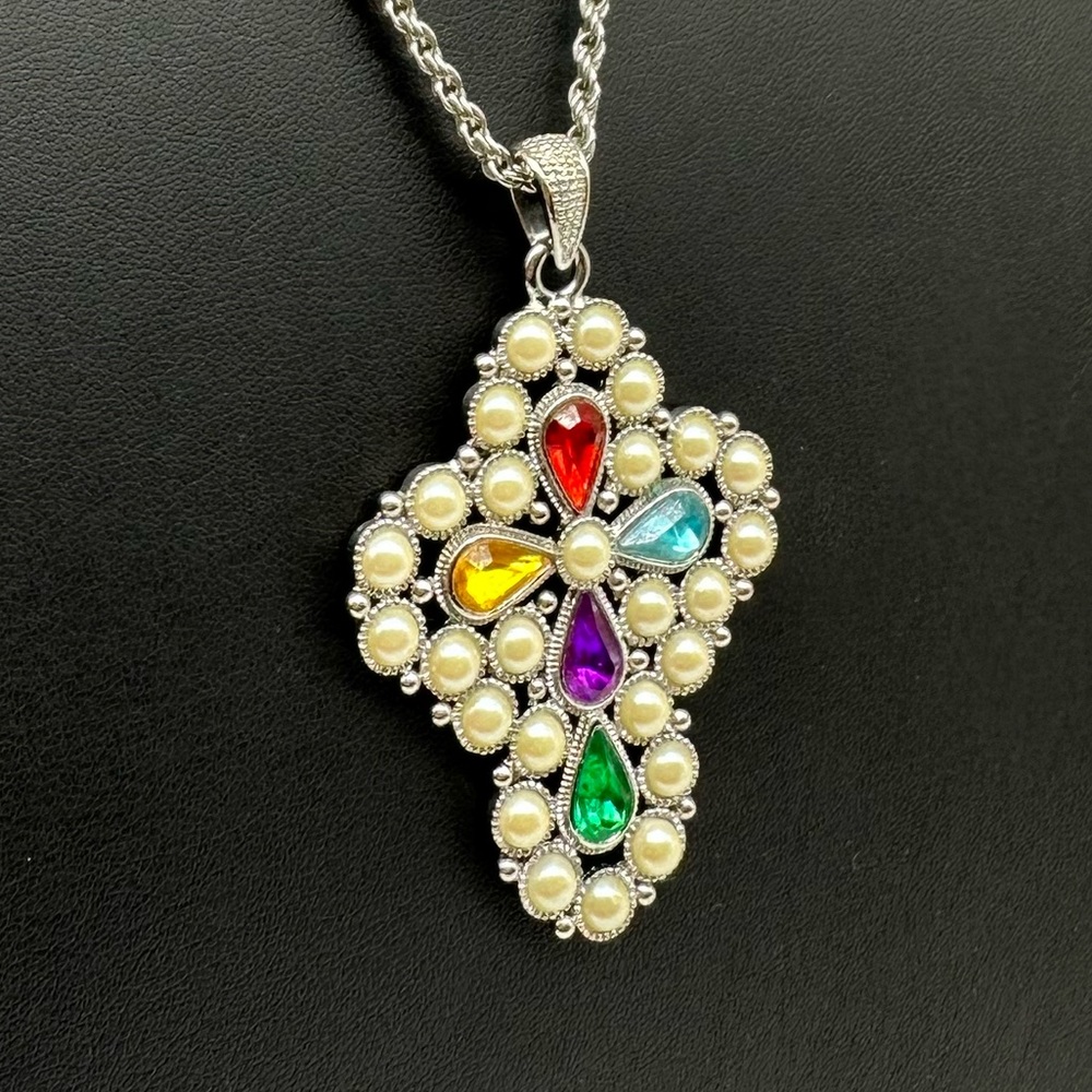 Vibrant Cross Long Statement‎ Necklace faceted faux pearls bling